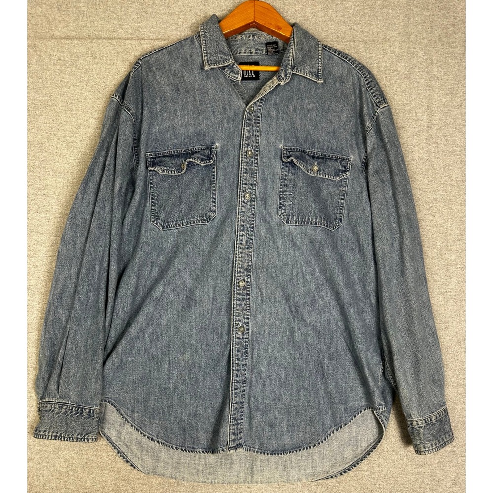 Vintage GAP Denim Button Down Shirt Mens Large Blue Y2K Long Sleeve Pocket
